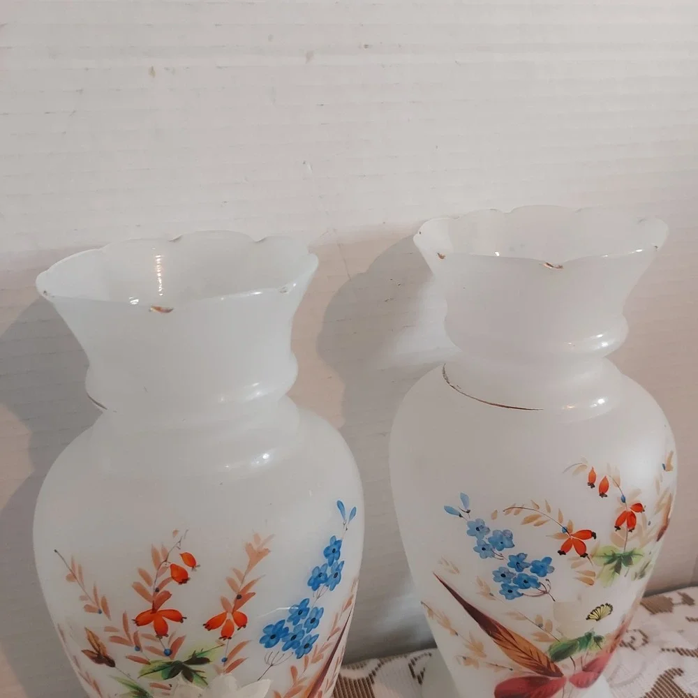 Vintage Bristol Satin Milk Glass Floral Vases Set of 2 Hand Painted Gold Trim 9